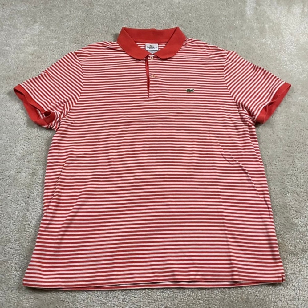 Lacoste Polo Shirt Mens 7, XL Regular Fit Striped Red White Tennis Prep Logo